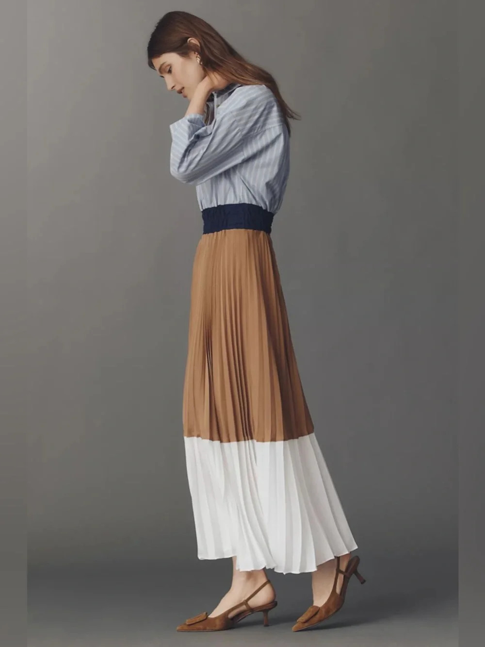 NWT Anthropologie Somerset Colorblock Pleated Twofer Maxi Dress Blue Tan XSP - Picture 2 of 4